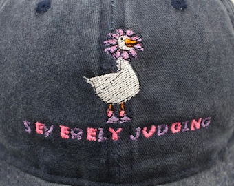 Embroidered vintage cap with goose and pink & purple "Severely Judging" lettering | blue | unisex dad hat | embroidered cap | 100% cotton