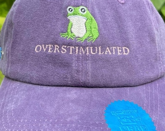 Embroidered vintage cap with frog and nude-colored "Overstimulated" lettering | purple | unisex dad hat | embroidered cap | 100% cotton