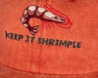 Embroidered vintage cap with shrimp and olive green "keep it shrimple" lettering | fox red | unisex dad hat | embroidered cap | 100% cotton