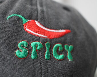 Embroidered vintage cap with chili and green "Spicy" lettering | Black | Unisex Dad Hat | Embroidered cap | 100% Cotton