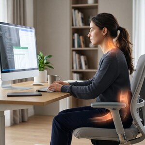 May include: A person sitting in a light grey ergonomic office chair at a wooden desk with a computer monitor, keyboard, and mouse. The image features glowing orange highlights on the neck and lower back area to indicate posture support.
