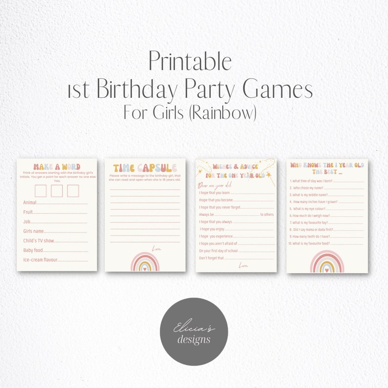 Printable 1st Birthday Party Games for Girl Rainbow Retro - Etsy