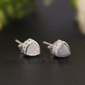 Trillion Rainbow Moonstone Stud Earrings: Sterling Silver, June Birthstone