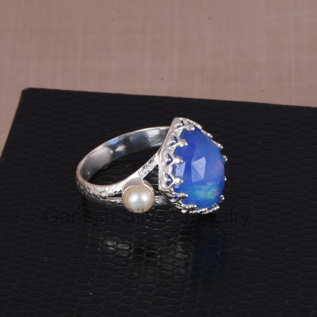 Blue Aurora Opal & Pearl Gemstone Ring June Birthstone Ring