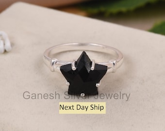 Star Shape Black Onyx Silver Ring, Fancy Star Shape Wedding Engagement Ring, Prong Set Ring, Black Stone Ring, Statement Ring, Gift For Wife