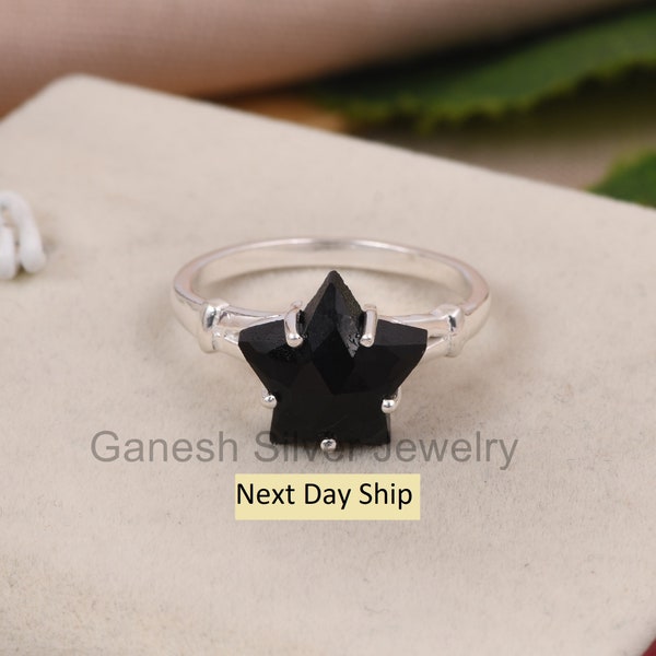 Star Shape Black Onyx Silver Ring, Fancy Star Shape Wedding Engagement Ring, Prong Set Ring, Black Stone Ring, Statement Ring, Gift For Wife