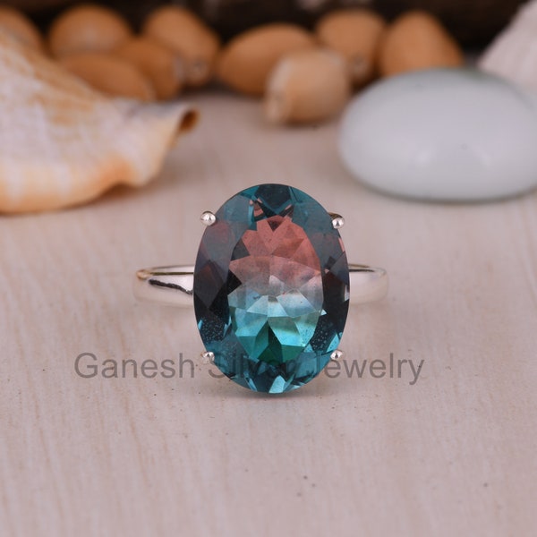 Belle bague en pierre précieuse de quartz doublet bio alexandrite, bague en argent sterling 925, bague faite main, bague de proposition pour femme, bijoux de mariée.