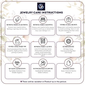 May include: A graphic with instructions on how to care for jewelry. The graphic features nine icons with text describing how to store, clean, and wear jewelry. The text includes phrases like "Remove when bathing", "Store in bag or box", and "Avoid using perfume".