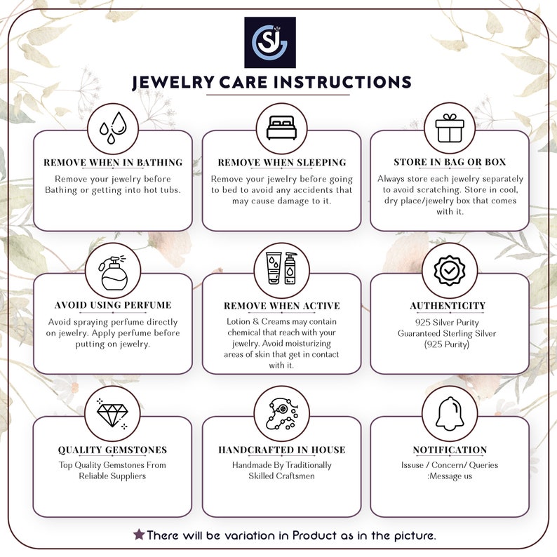 May include: A graphic with instructions on how to care for jewelry. The graphic features nine icons with text describing how to store, clean, and wear jewelry. The text includes phrases like "Remove when bathing", "Store in bag or box", and "Avoid using perfume".