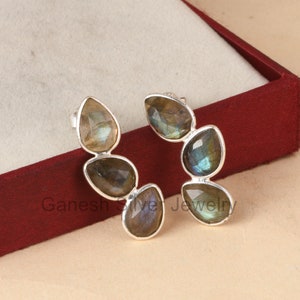 Three Labradorite Gemstone Stud Earring, 925 Sterling Silver Earring, Handmade Earring, Wedding Stud Earring For Women, Every Occasion Gift.