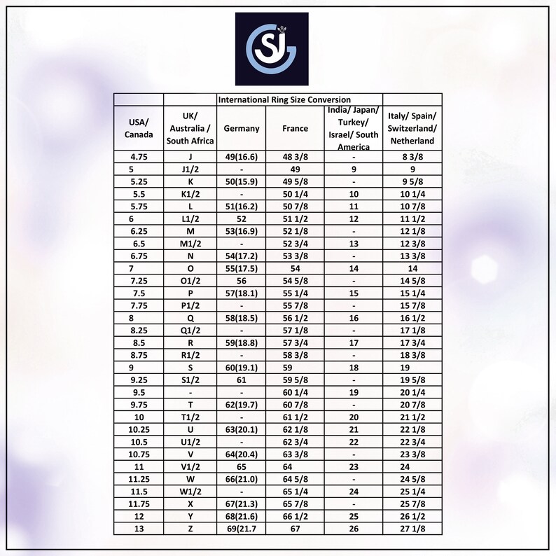 May include: A chart showing international ring size conversions for different countries, including the USA, Canada, UK, Australia, Germany, France, India, Japan, Turkey, Israel, South America, Italy, Spain, Switzerland, and the Netherlands.