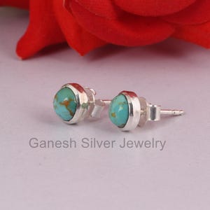 Natural Kingman Turquoise Gemstone Studs -  Solid 925 Sterling Silver Studs - Minimalist Round Cabochon Gemstone - Gift Studs For Friend