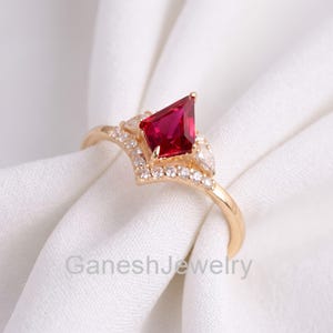 Lab Grown Pigeon Blood Ruby Ring 14K Gold, Kite Cut Ruby & IGI Certified Lab Diamond Engagement Ring