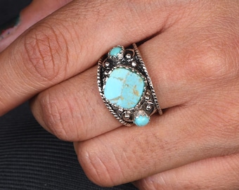 Kingman Turquoise Statement Ring, 925 Sterling Silver Boho Wide Band, Southwestern Turquoise Handmade Jewelry,