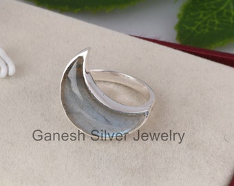 Labradorite Moon Ring, Silver Moon Ring, Cresent Moon, Natural Labradorite, Big Size Moon Ring, Gift Ring, Moon star, Wedding ring, Jewlery