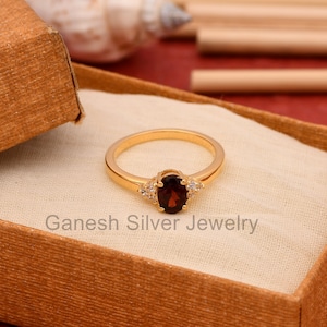 Garnet & Diamond Stone 14k Gold Ring - Stackable Semi Precious Stone Ring - Raspberry Color Garnet Ring - Special Gift Ring For Anniversary