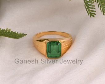 Octagon Cut Zambian Emerald Quartz Ring - 18k Gold Plating Men&#39;s Ring - Green Stone Fancy Ring Jewelry - Gold Jewelry - Best Gift For Father