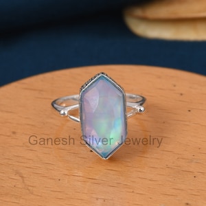 Anillo de ópalo aurora boreal, hexágono alargado, plata de ley 925