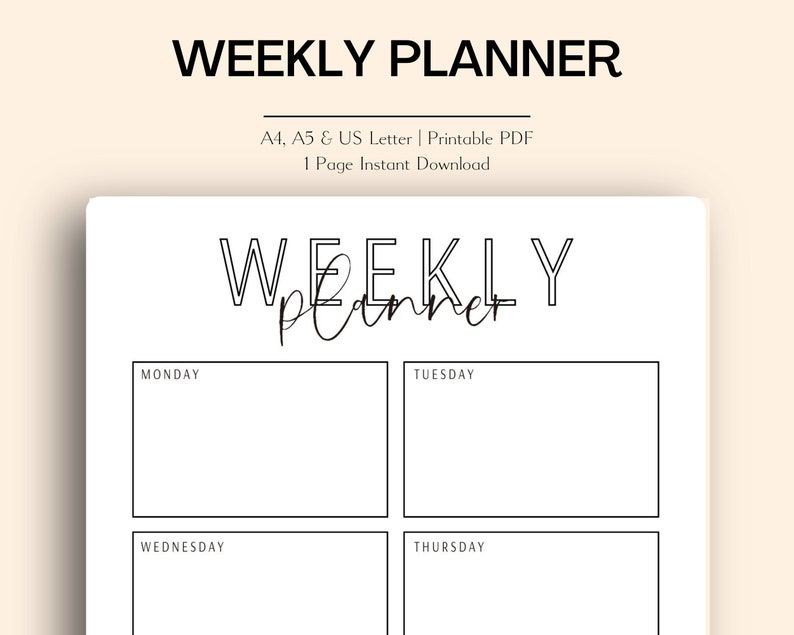 Weekly Planner Printable A4, A5, US Letter & Half Letter Sizes Etsy