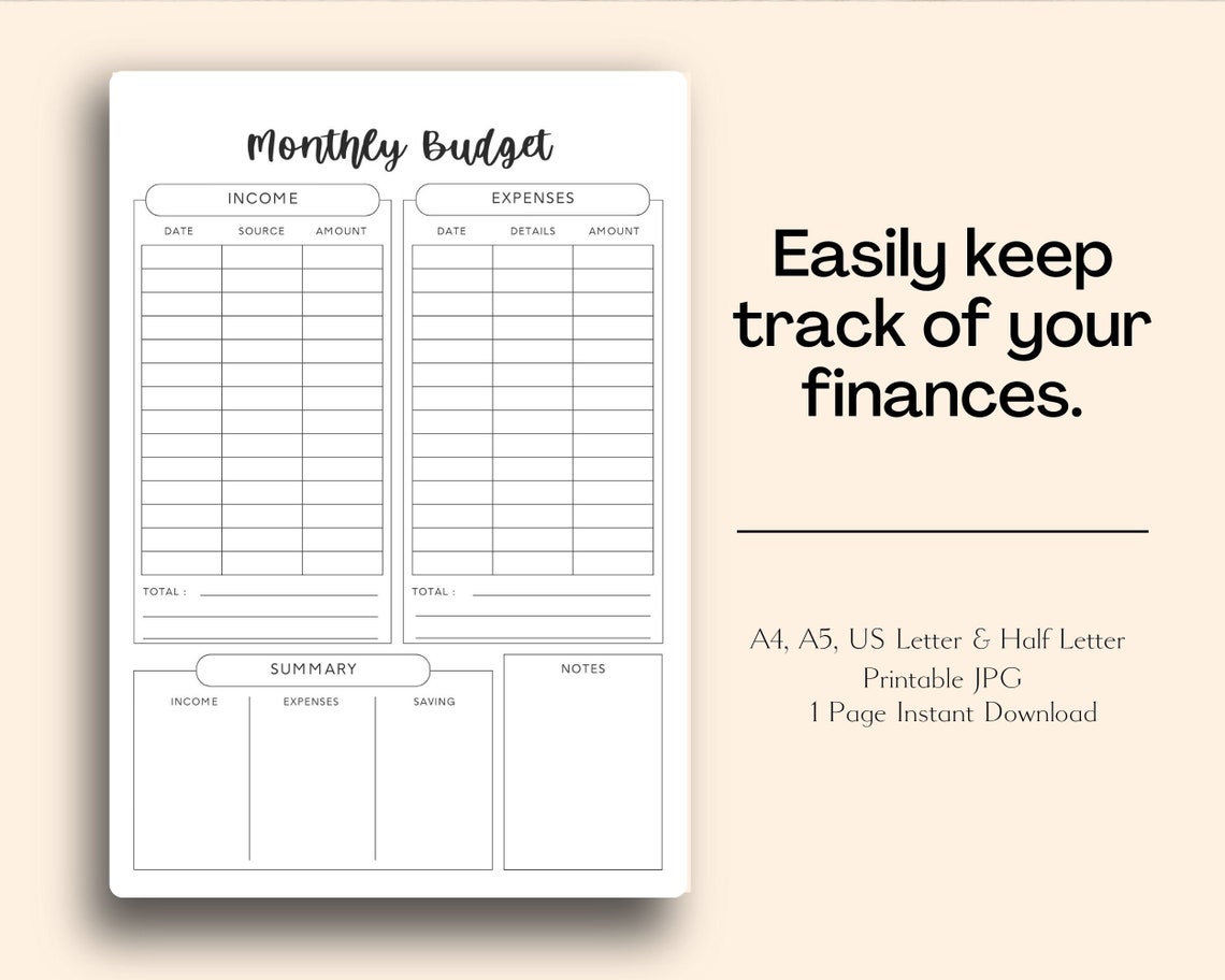 Monthly Budget Planner Printable A4 A5 US Letter & Half - Etsy