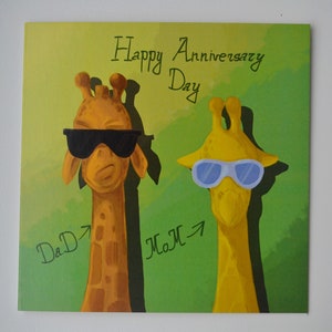 Famiglia giraffa, biglietto di anniversario, anniversario per genitori, biglietto fatto a mano, amanti, coppia