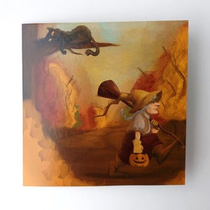 Sorcière mignonne, femme halloween, carte de sorcière et de chat, automne, carte faite à la main, carte pour halloween