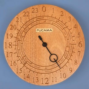 Może przedstawiać: Drewniana tarcza zegara z cyframi rzymskimi i czarną wskazówką wskazującą na cyfrę 12. Tarcza zegara zawiera również nazwy gwiazdozbiorów i słowo "FUCAMA" w prostokącie.