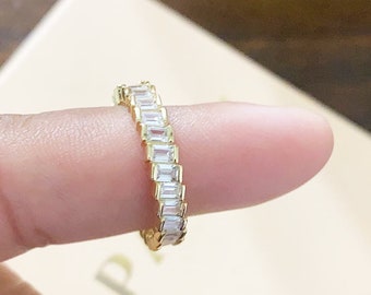 14K Yellow Gold Over Silver Baguette Wedding Ring / Baguette Cut Wedding Band / Eternity Stackable Ring for Women / Stacking Diamond Ring