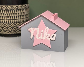 Personalized money box | Custom name piggy bank pocket money | Birthday baptism Christmas gift girl | Pink star