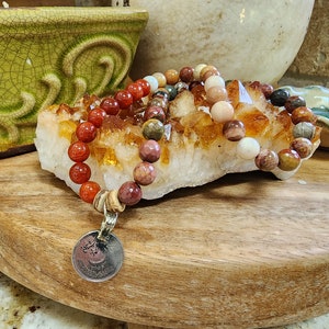 Double Wrap Carnelian & Picture Jasper Bead Bracelet with Silver Charm - Unique Handcrafted Jewelry by TheBlueLotusStudio