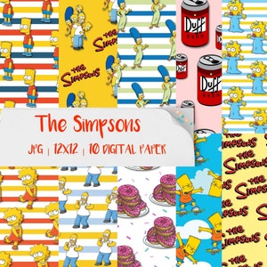May include: A set of 10 digital paper designs featuring The Simpsons characters. The designs include yellow and blue striped patterns, a donut pattern, a Duff Beer can pattern, and a pattern with the Simpsons family.