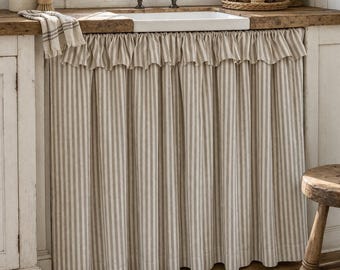 Beige Striped Under Counter Curtain with Ruffle, Cupboard Cover, Sink Skirt,  Cafe Curtain