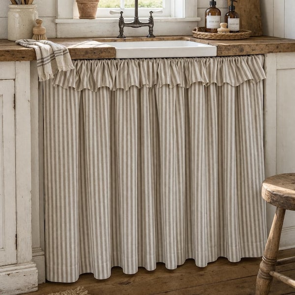 Beige Striped Under Counter Curtain with Ruffle, Cupboard Cover, Sink Skirt,  Cafe Curtain