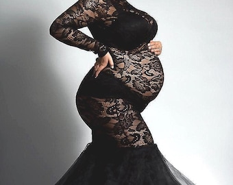 Black Lace Maternity Gown, See-Through Mermaid Dress, Baby Shower Elegant Gown