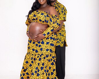 Yellow African Matching Couple's Maternity Outfit, Custom Ankara Baby Shower Couples Attire