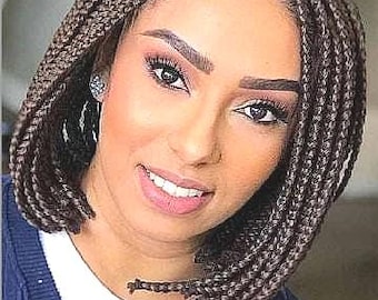 Brown Bob Braided Wig for Women, Short Human Hair Wig