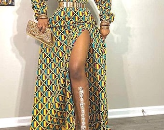 African Print Maxi Dress With Slit For Women, Ankara Long Dress