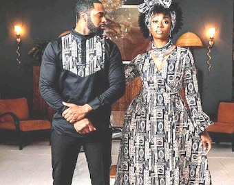 Black and White African Matching Couples Outfit, Couple Attire