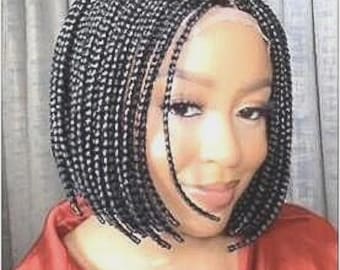 Black Bob Braided Wig for Women, Short Human Hair Wig