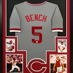 Johnny Bench Framed Grey Jersey JSA Autographed Signed Cincinnati Reds