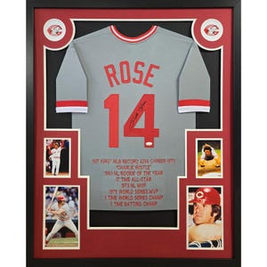 Pete Rose Framed Signed Stat Grey Jersey JSA Autographed Cincinnati Reds