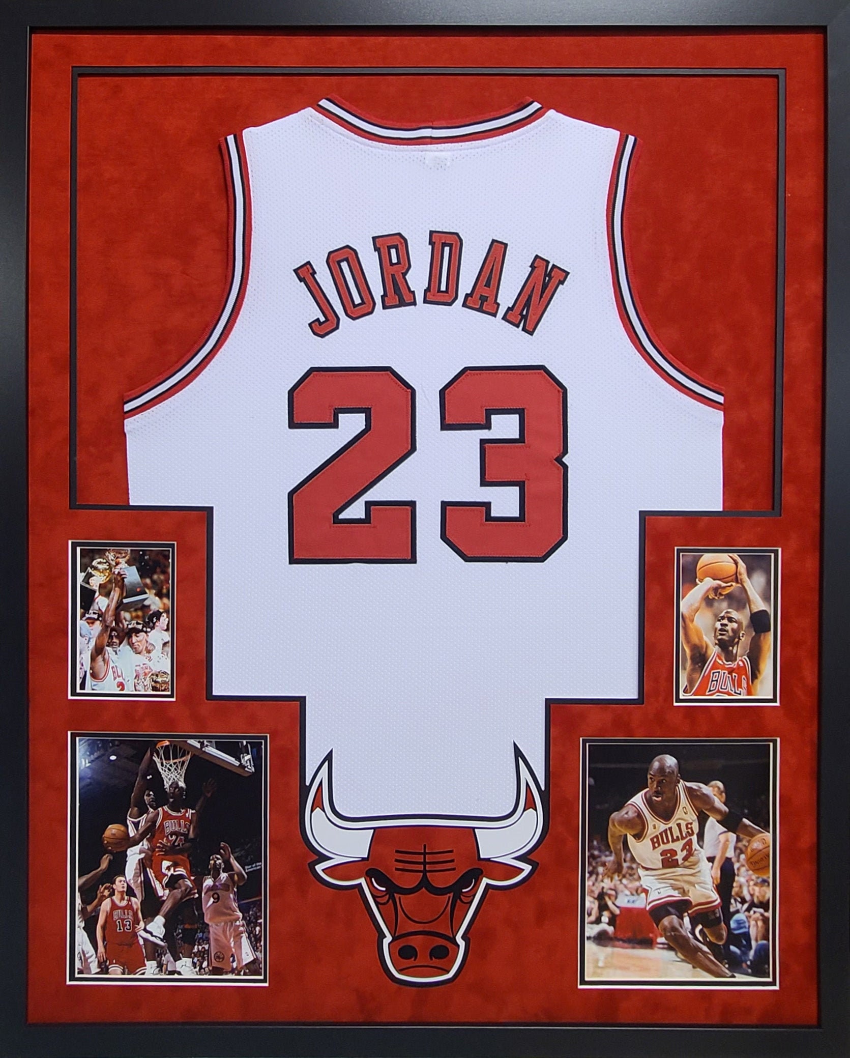 Michael Jordan Custom Framed Jersey Display with (2) Metal Bull