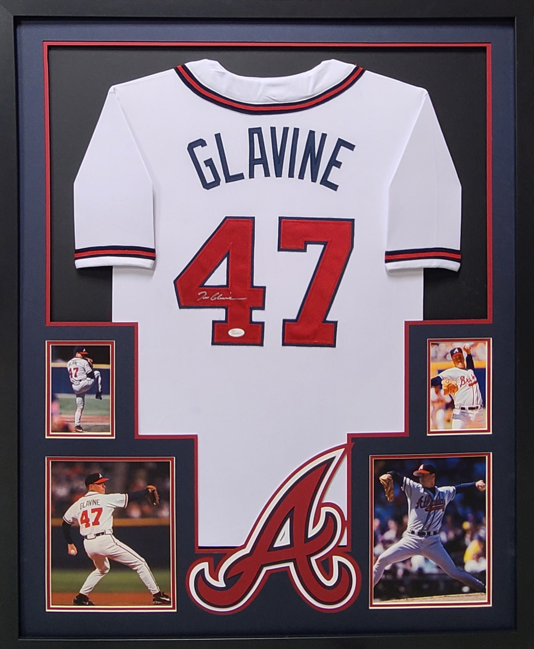 Tom Glavine Autographed HOF 14 and Framed White Braves Jersey
