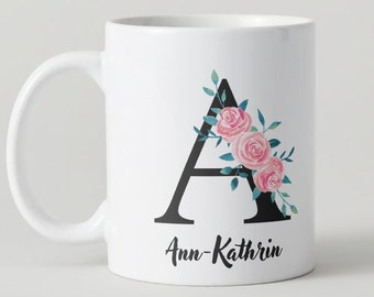 Coffee cup with initial and name | Roses I printed on both sides | Gift | Dishwasher & microwave safe