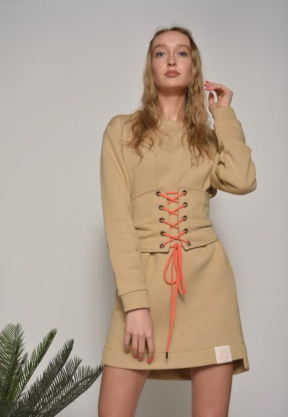 white christmas dresses Lantern Sleeve Corset Lace Up Knot Rib-knit Sweatshirt Dress – Beisat main image 1