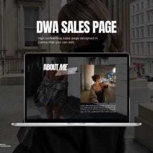 Peut inclure: Un &eacute;cran d'ordinateur portable affichant un site Web avec le texte "DWA Sales Page" et "About Me". Le site Web est con&ccedil;u pour aider les gens &agrave; cr&eacute;er une page de vente pour leur entreprise.