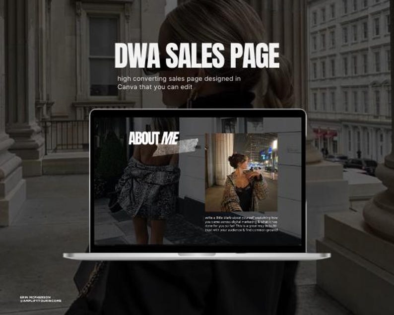 Peut inclure: Un &eacute;cran d'ordinateur portable affichant un site Web avec le texte "DWA Sales Page" et "About Me". Le site Web est con&ccedil;u pour aider les gens &agrave; cr&eacute;er une page de vente pour leur entreprise.