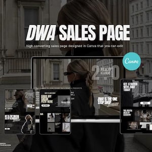 Peut inclure: Mod&egrave;le de page de vente noir et blanc con&ccedil;u sur Canva avec le texte "DWA Sales Page" et "DWA is the one stop shop". La page pr&eacute;sente une femme aux cheveux fonc&eacute;s et un chemisier noir, sur fond de paysage urbain.