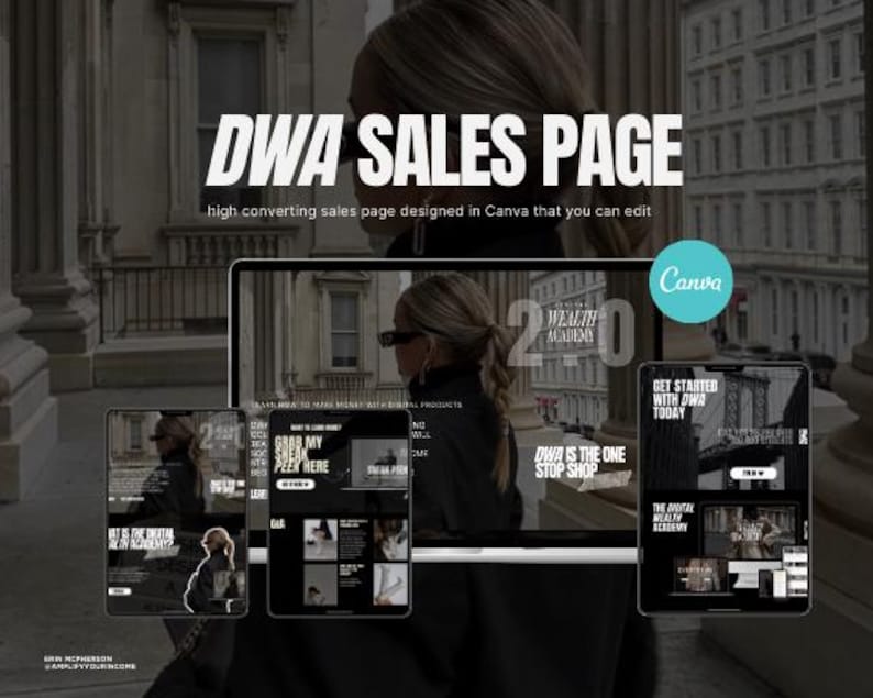 Peut inclure: Mod&egrave;le de page de vente noir et blanc con&ccedil;u sur Canva avec le texte "DWA Sales Page" et "DWA is the one stop shop". La page pr&eacute;sente une femme aux cheveux fonc&eacute;s et un chemisier noir, sur fond de paysage urbain.