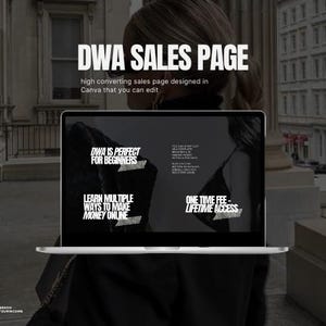 Peut inclure: L'&eacute;cran d'un ordinateur portable affiche une page de vente pour un produit num&eacute;rique appel&eacute; "DWA". La page pr&eacute;sente le texte "DWA est parfait pour les d&eacute;butants", "Apprenez plusieurs fa&ccedil;ons de gagner de l'argent en ligne" et "Frais unique - Acc&egrave;s &agrave; vie".